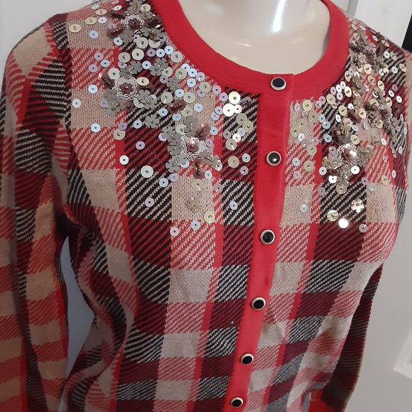 Charter Club Ravishing Red Sequined Plaid Cardigan Sweater - Picture 5 of 14